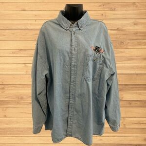 90s Vintage Classic Denim Shirt with Red and Black Embroidery-Men’s XL